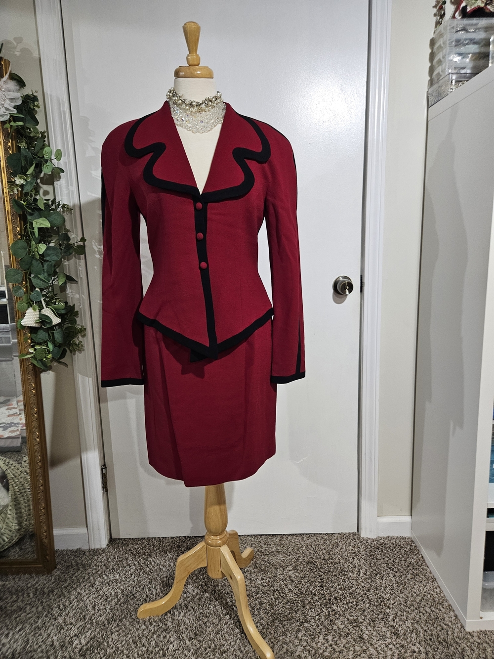 Rina Rossi Wine Red and Black Peplum Pencil Skirt Suit